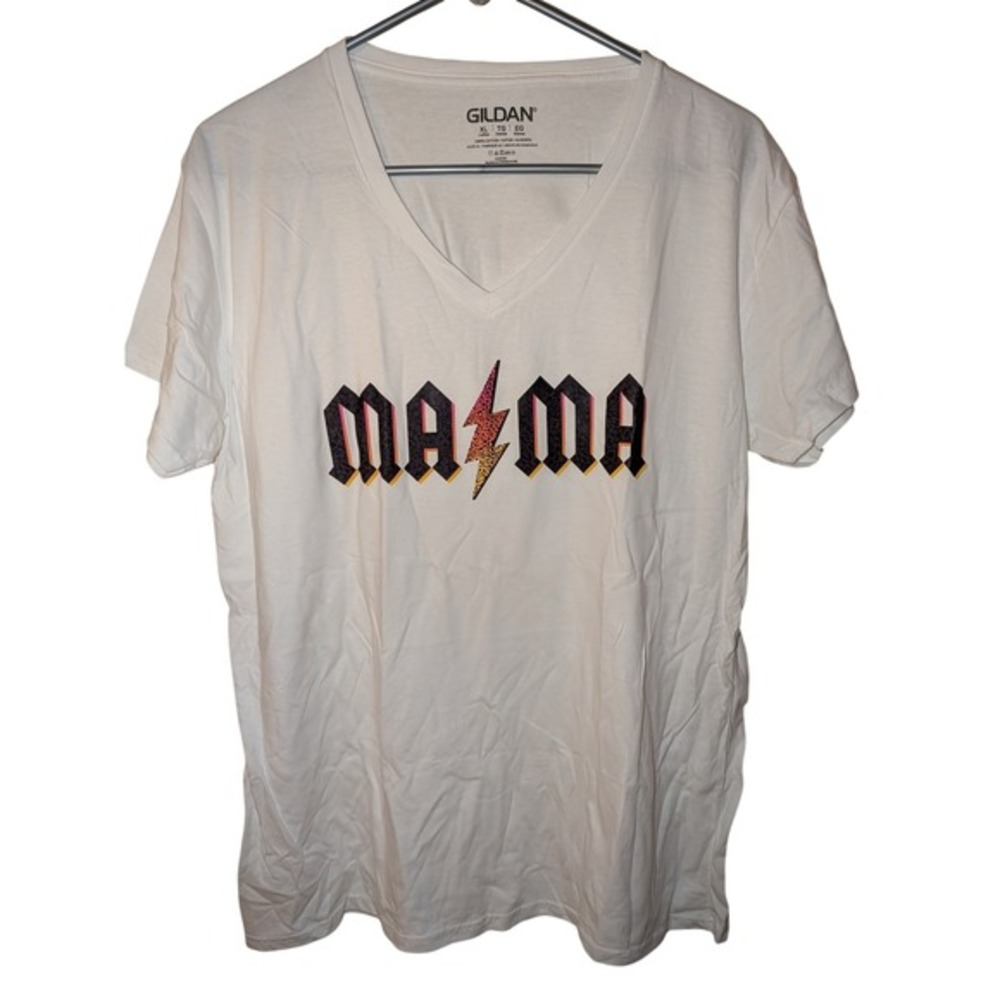 Gildan Mama Graphic V-Neck T-Shirt White XL Leopard Lightning Bolt Cotton Tee